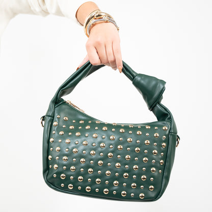 Green faux leather studded shoulder bag