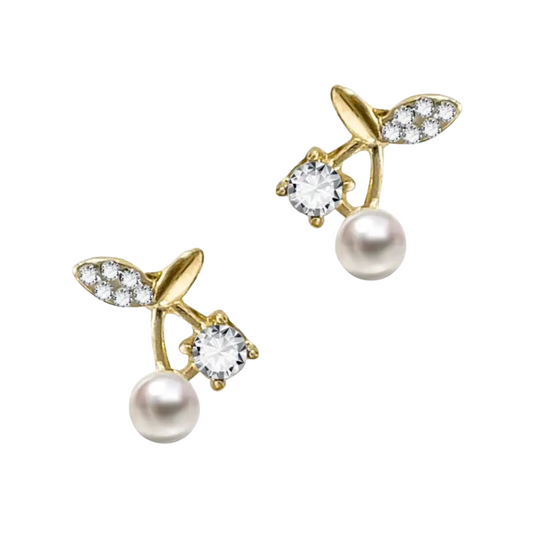 Gold stud earrings with cherry design and rhinestone details 