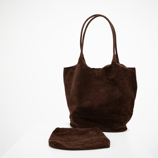 Dark brown suede tote bag and dark brown coin purse