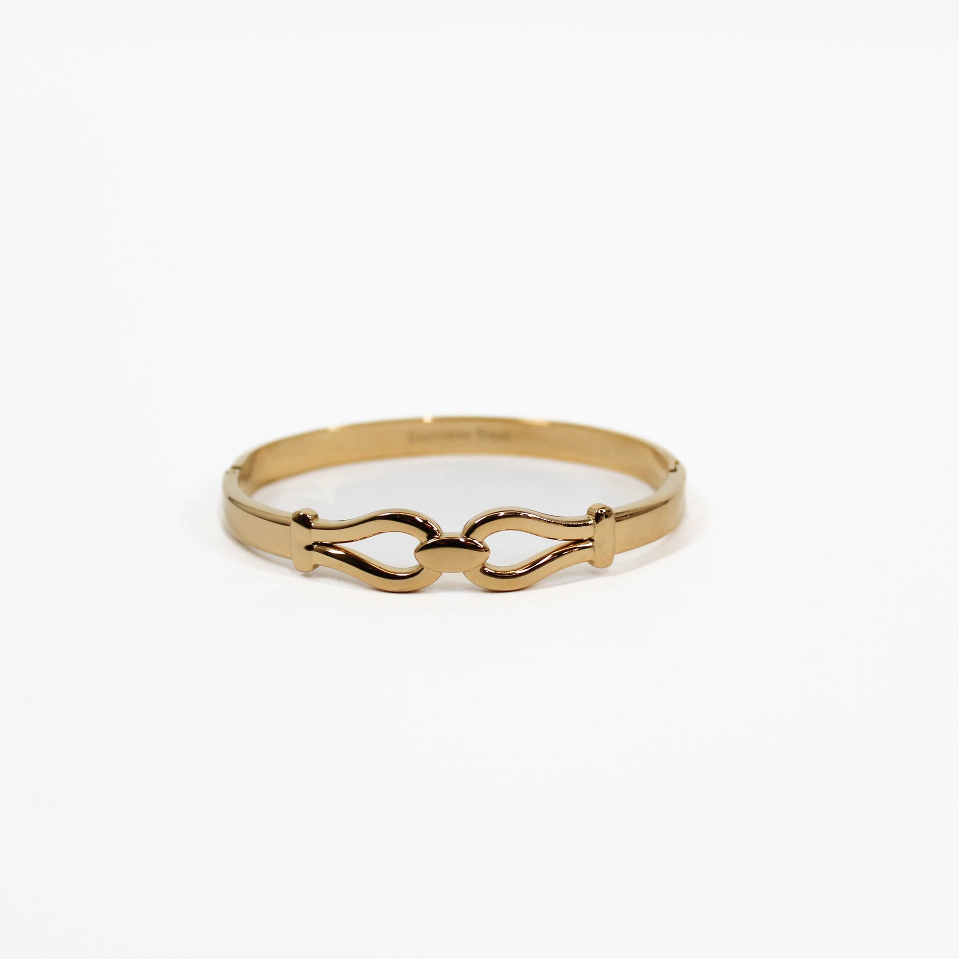 Gold double link bangle bracelet on a white background