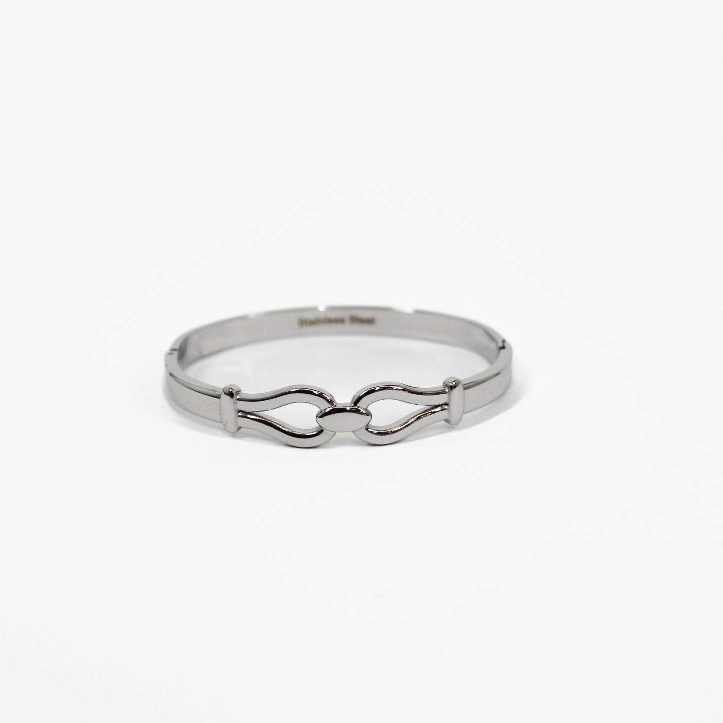 Silver double link bangle bracelet on a white background