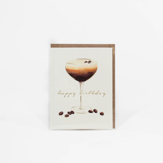 Greeting card with a coffee-themed design and 'happy birthday' text on a white background