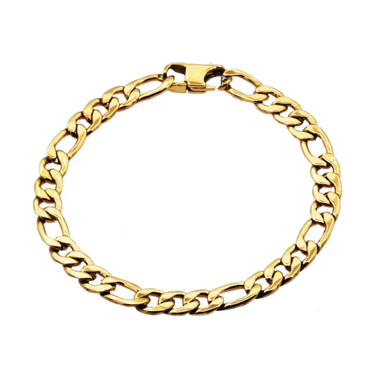 close up of gold chain link bracelet on white background