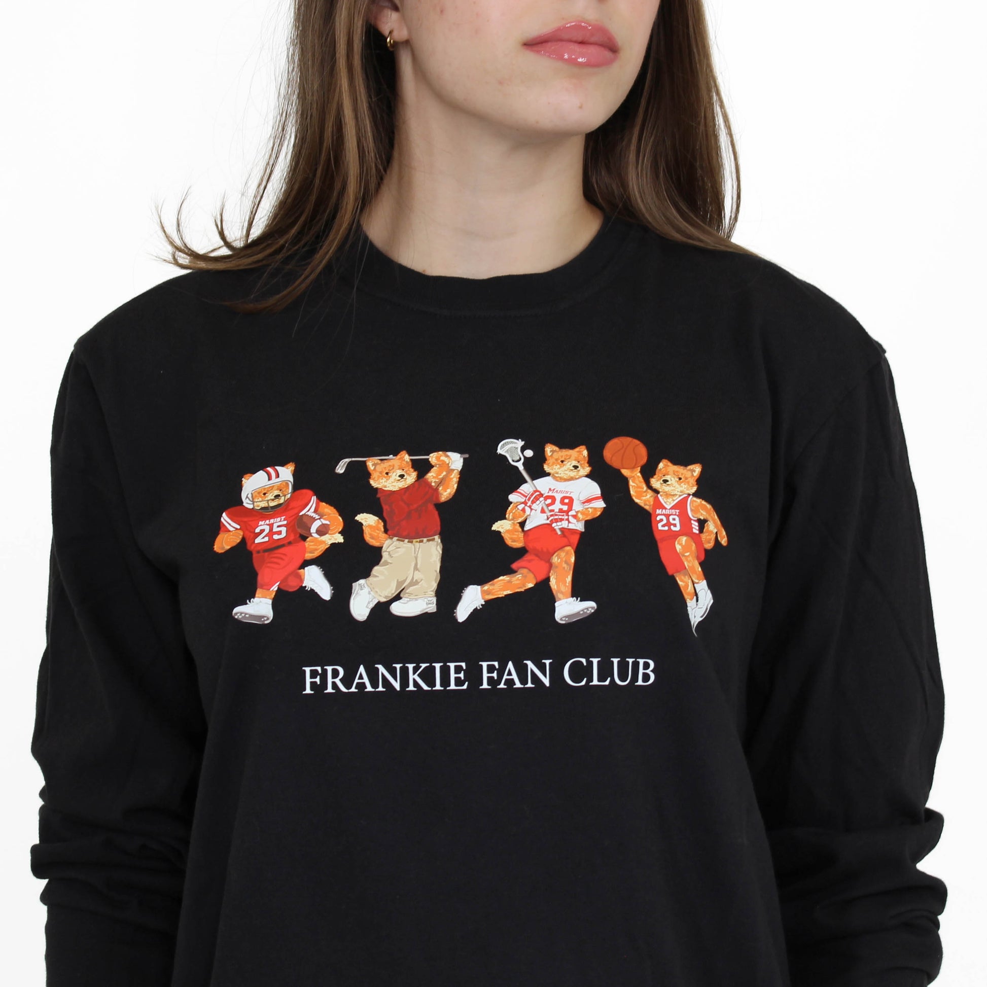 Black sweatshirt with cartoon characters and 'FRANKIE FAN CLUB' text worn by a person