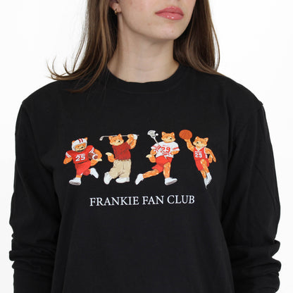 Black sweatshirt with cartoon characters and 'FRANKIE FAN CLUB' text worn by a person