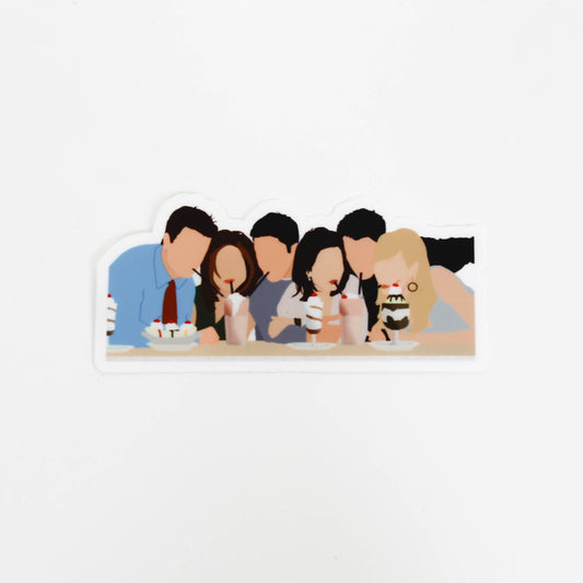 Illustration of five people sitting around a table having desert 