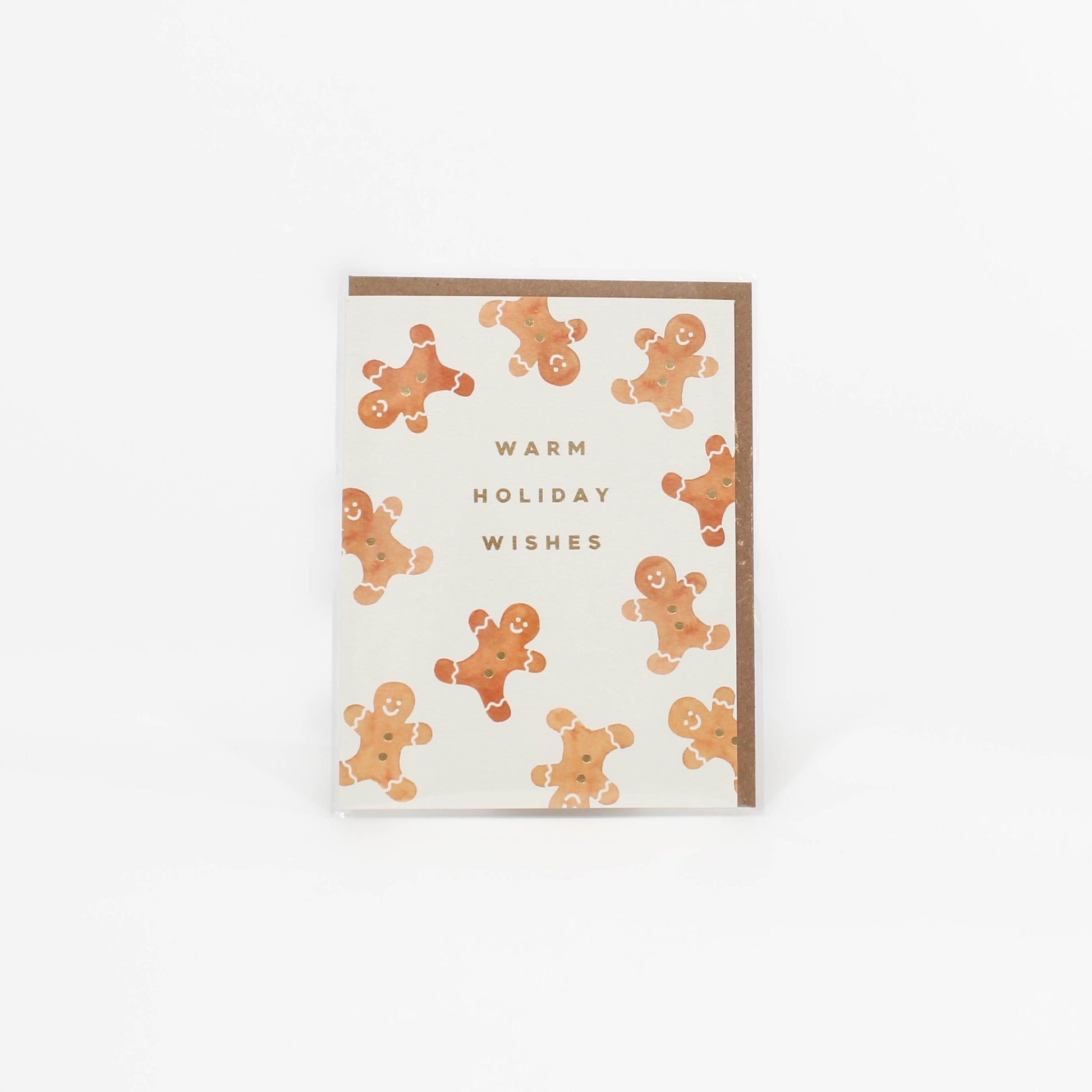 Greeting card with gingerbread men pattern and 'Warm Holiday Wishes' text on a white background