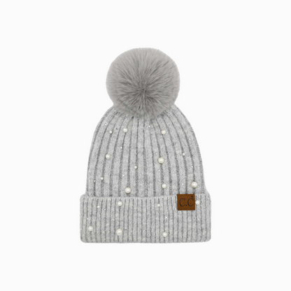 Grey pearl beanie with pom pom