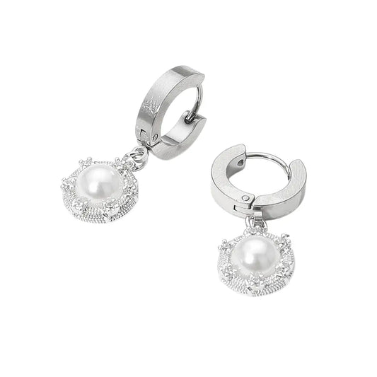 Silver hoop earrings with pearl and gemstone drop on a white background