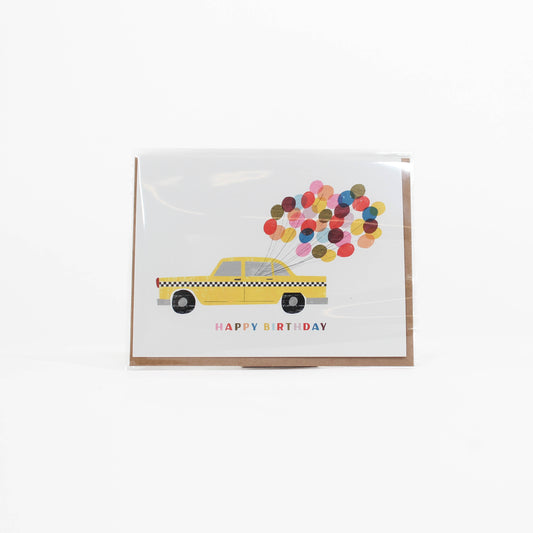 Birthday card with a yellow taxi and balloons