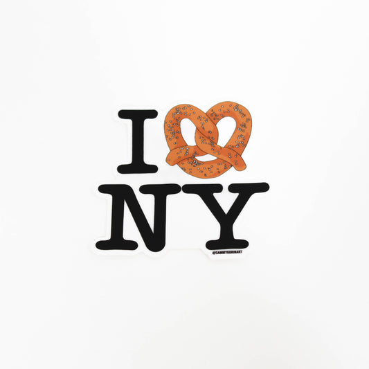 I Love NY design with a pretzel on a white background