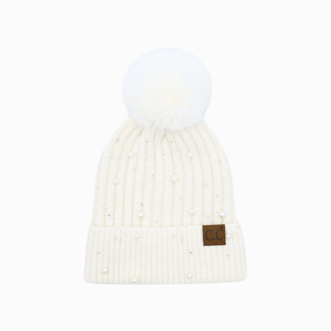 Ivory pearl beanie with pom pom