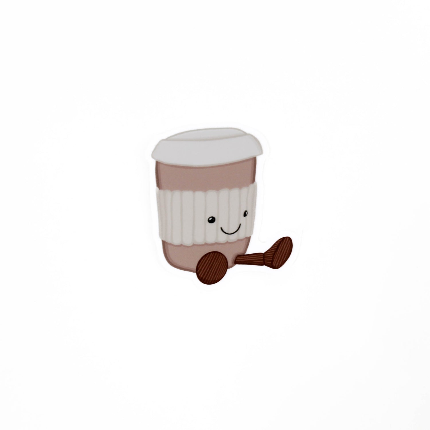Stuffed plush resembling a coffee cup with a lid and handle on a white background