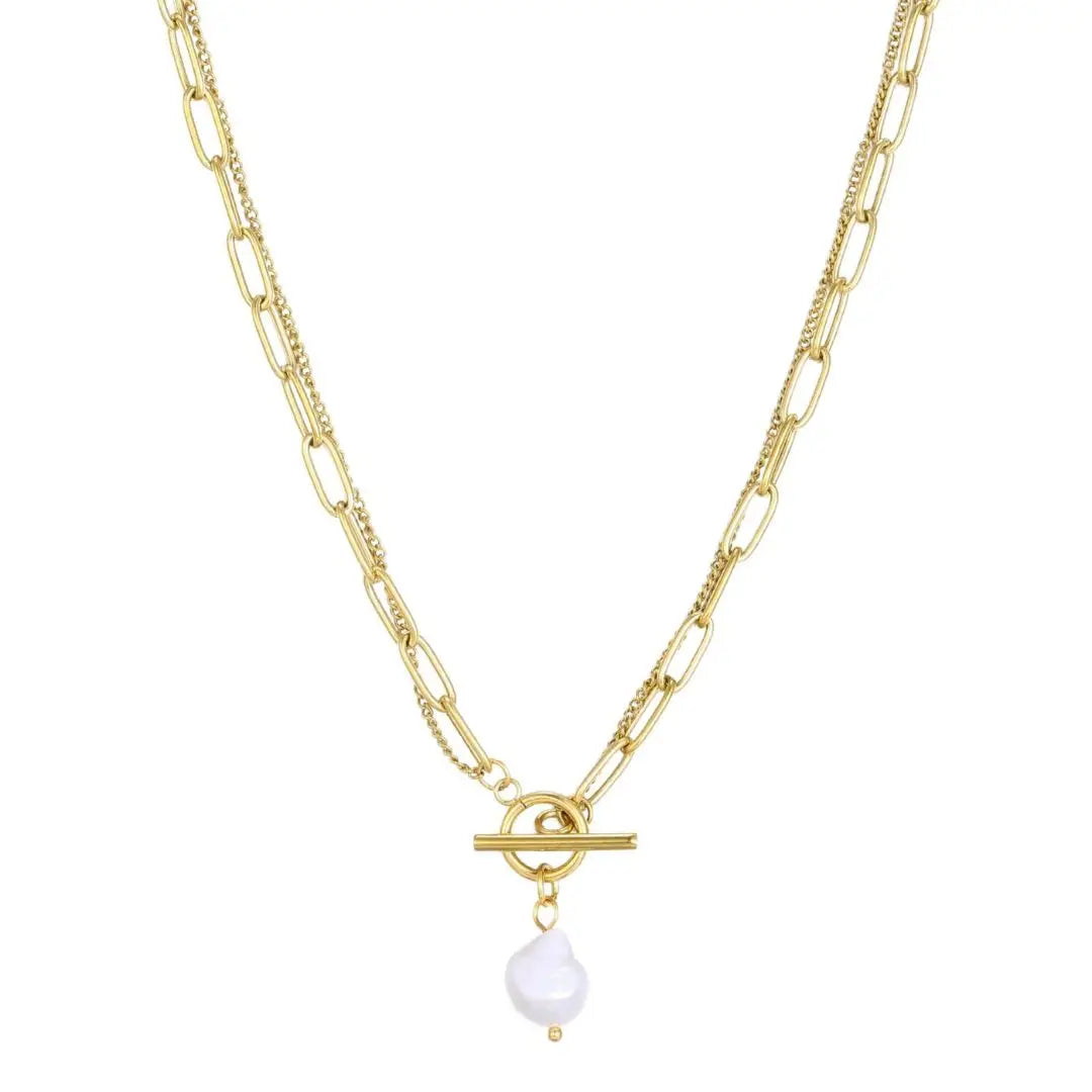 Layered Pearl Toggle Necklace on white background