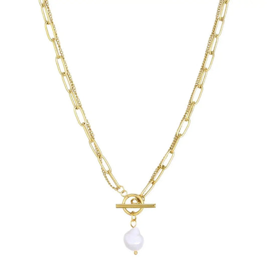 Layered Pearl Toggle Necklace on white background