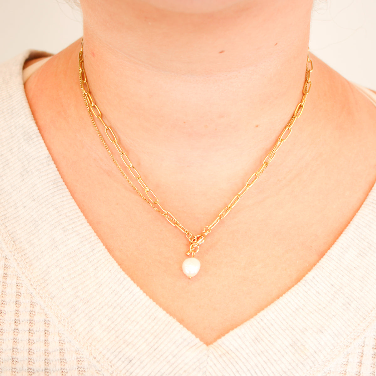 Layered Pearl Toggle Necklace on model