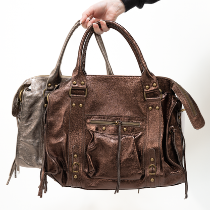 leather bag metallic shine italy italian gold silver blue bronze brown tote purse 