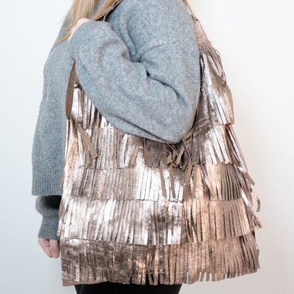 Leather Fringe Tote Bag italy real metallic