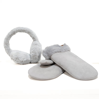 Light Gray Suede Mittens with faux fur and light gray earmuffs