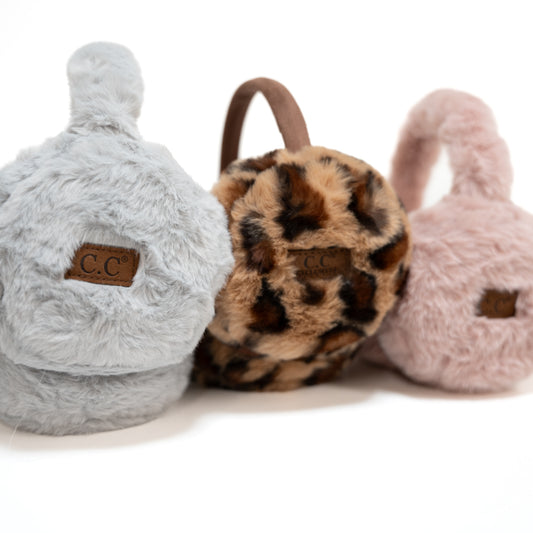 Light gray faux fur earmuffs, leopard faux fur earmuffs, light pink faux fur earmuffs