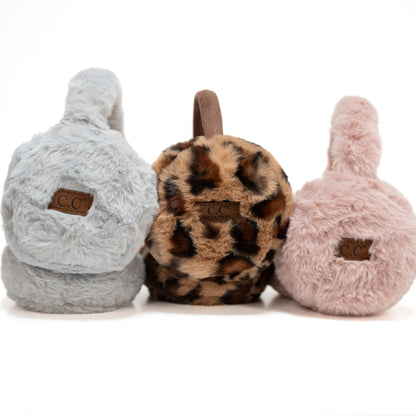 Light gray faux fur earmuffs, leopard faux fur earmuffs, light pink faux fur earmuffs