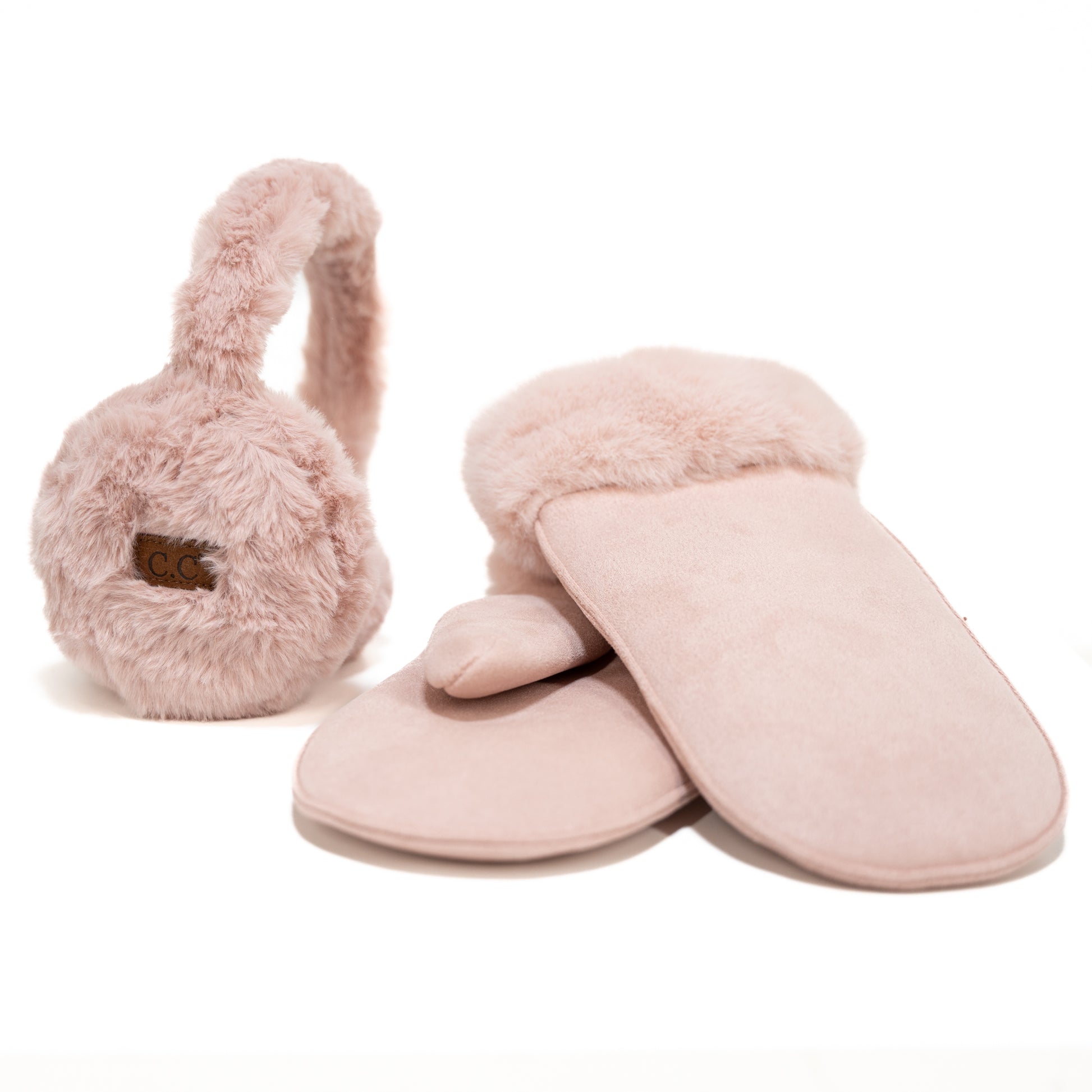 Light pink Suede Mittens with faux fur and light pink earmuffs