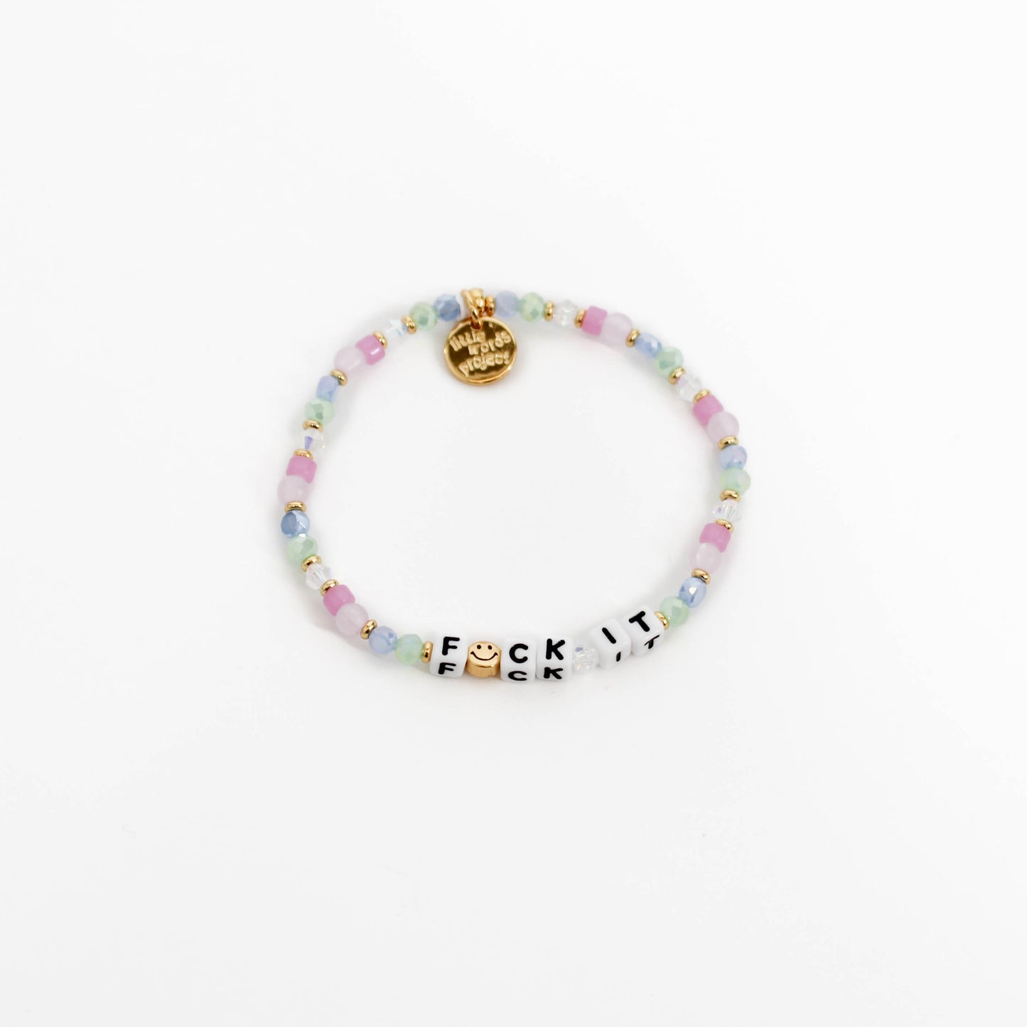 Multicolored beaded bracelet with "F*UCK IT" letter beads on a white background