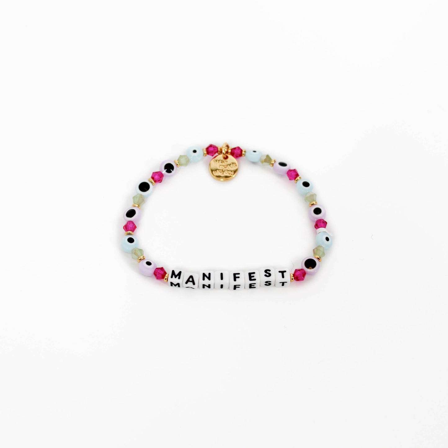 Little Words Project Bracelet with colorful beads and 'MANIFEST' charm on a white background