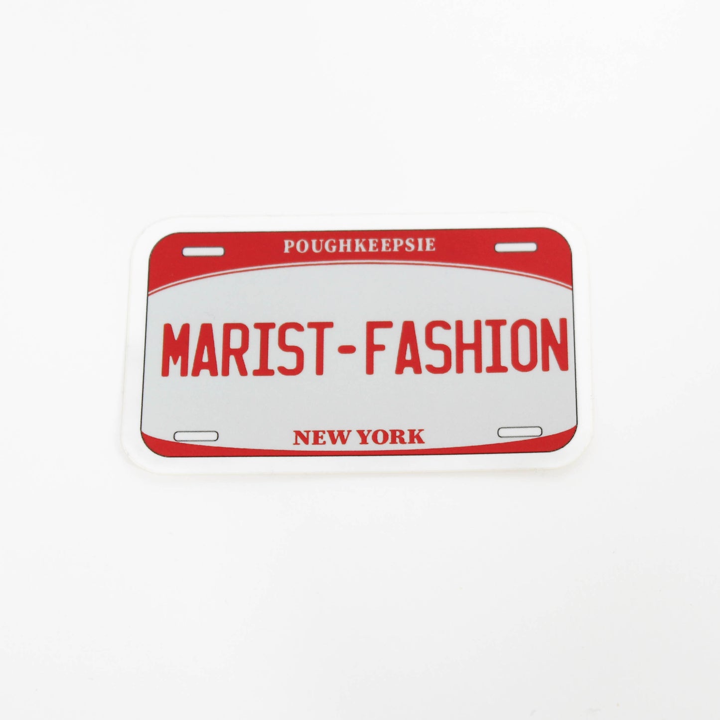 License plate with 'MARIST-FASHION' text on a white background