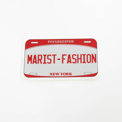 License plate with 'MARIST-FASHION' text on a white background