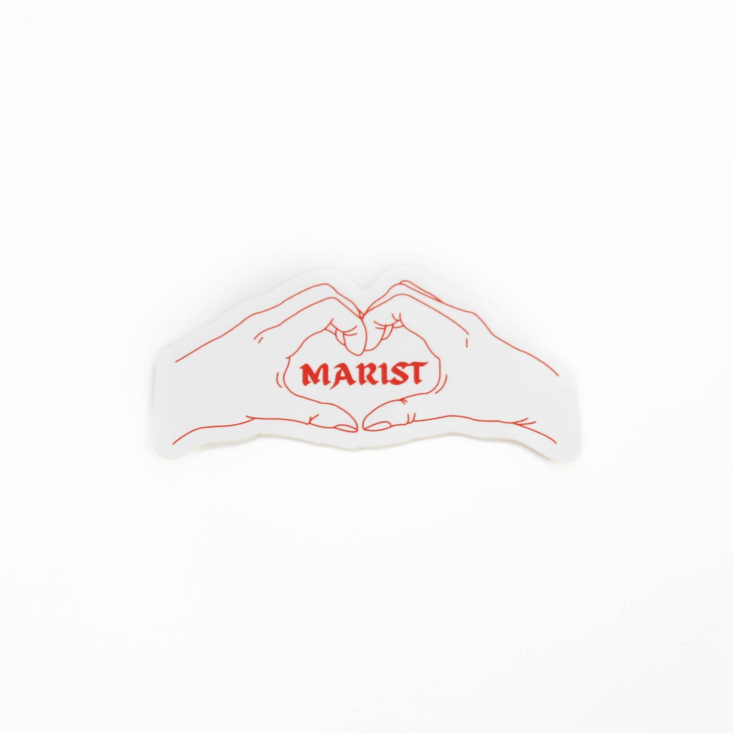 White sticker with red outline of hands forming a heart shape and 'MARIST' text on a white background