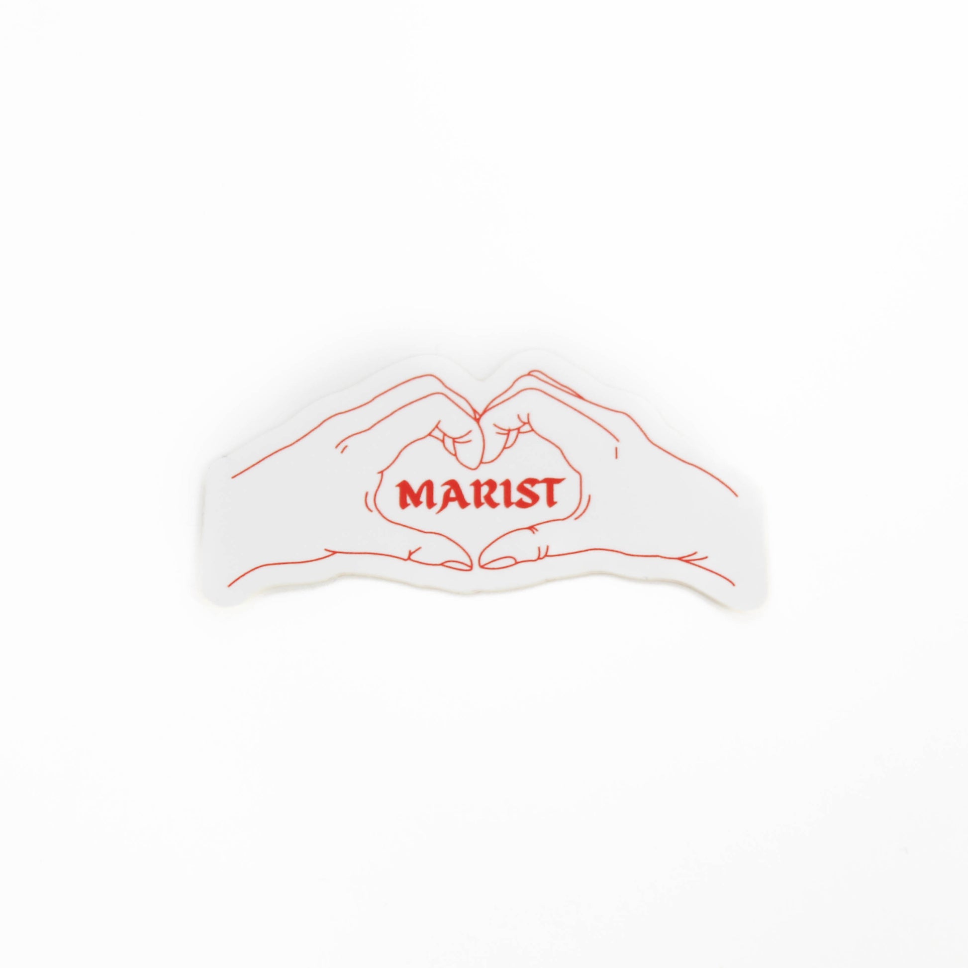 White sticker with red outline of hands forming a heart shape and 'MARIST' text on a white background