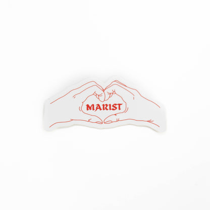 White sticker with red outline of hands forming a heart shape and 'MARIST' text on a white background