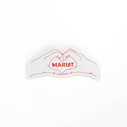 White sticker with red outline of hands forming a heart shape and 'MARIST' text on a white background