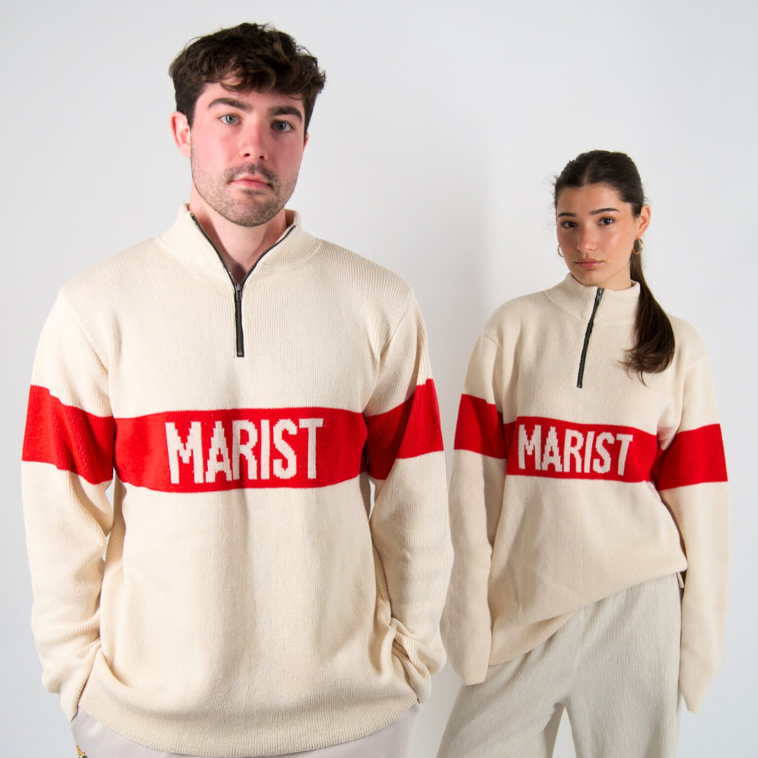 Two people wearing cream sweatshirts with red stripes and 'MARIST' text on a white background