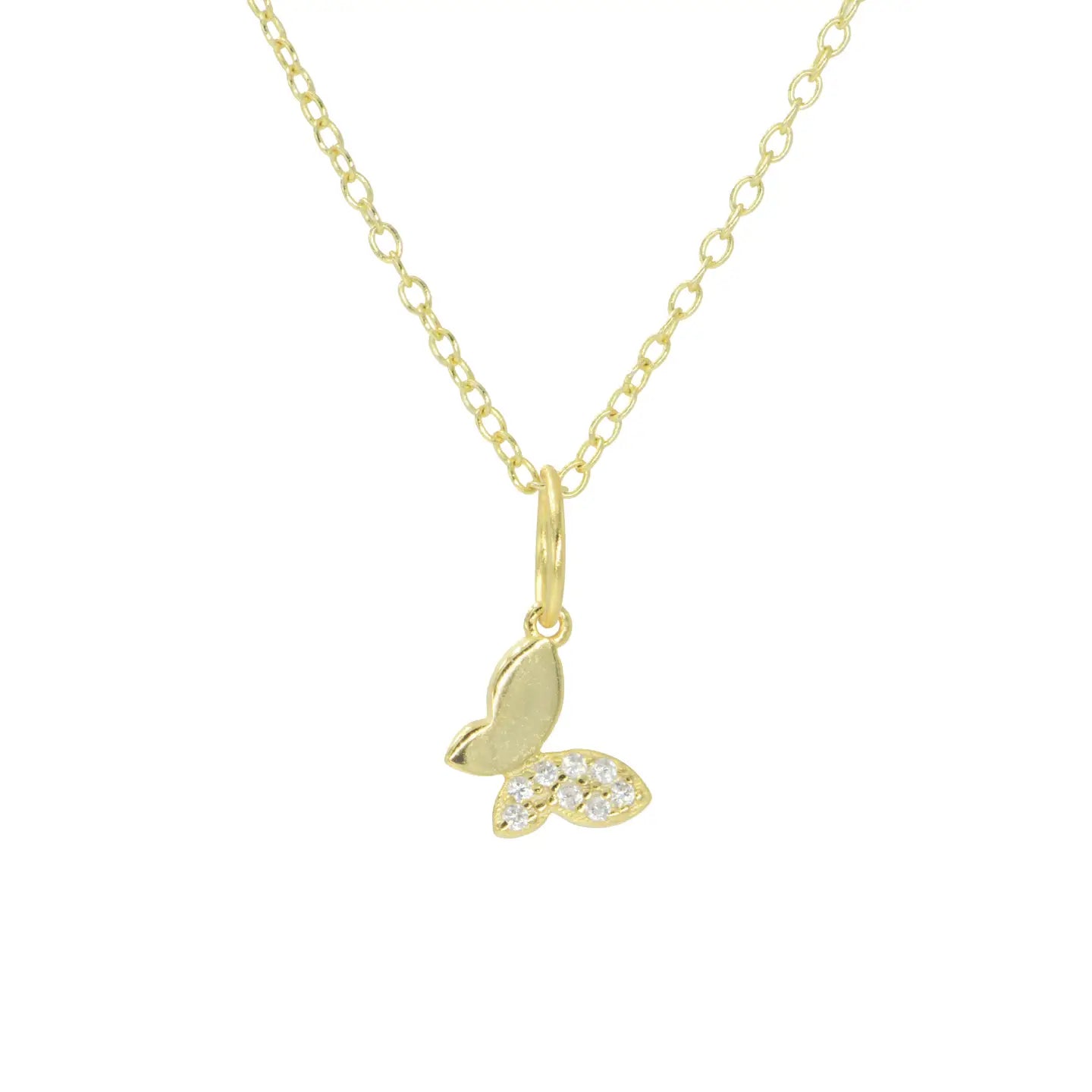 Gold necklace with a butterfly pendant on a white background