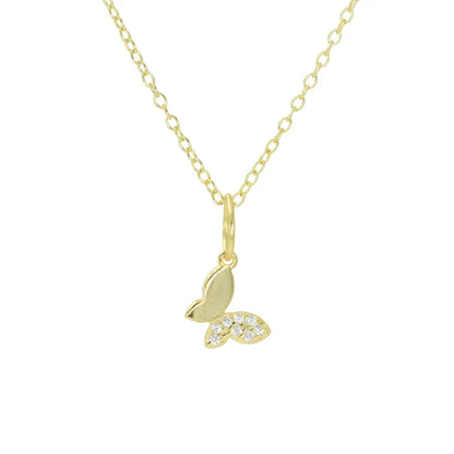 Gold necklace with a butterfly pendant on a white background