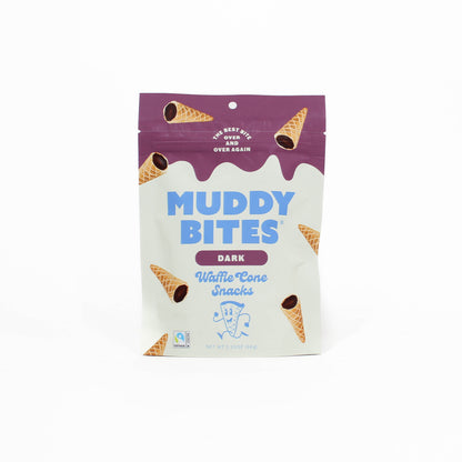 Muddy Bites dark waffle cone snacks packaging on a white background