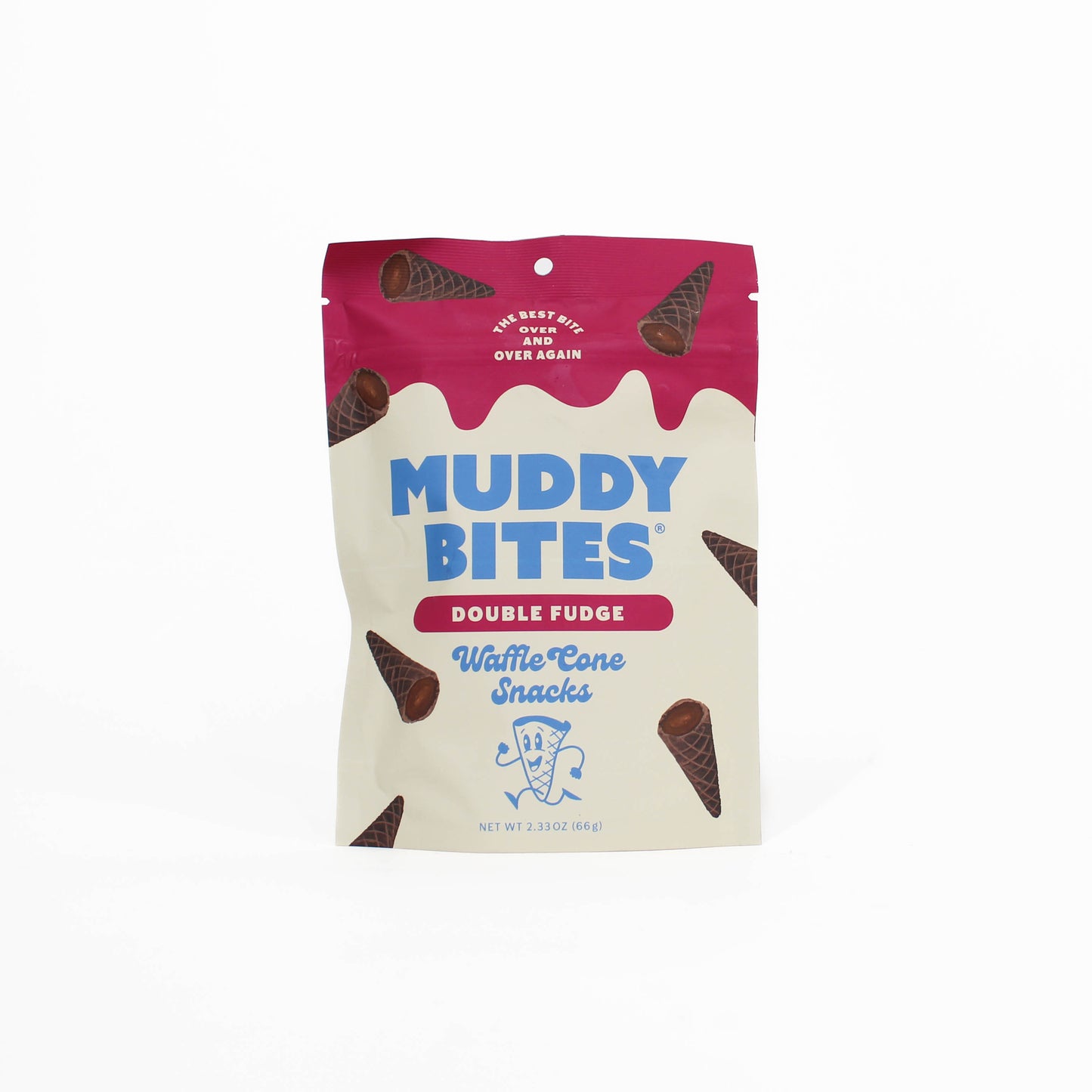 Packaging of Muddy Bites Double Fudge Waffle Cone Snacks on a white background