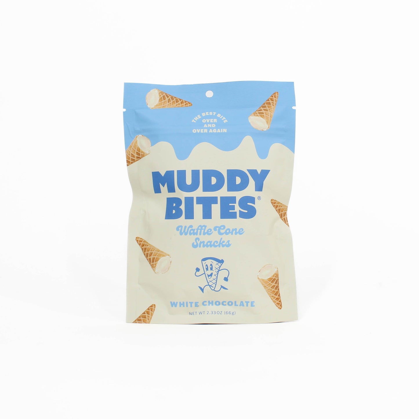 Muddy Bites white chocolate waffle cone snacks packaging on a white background