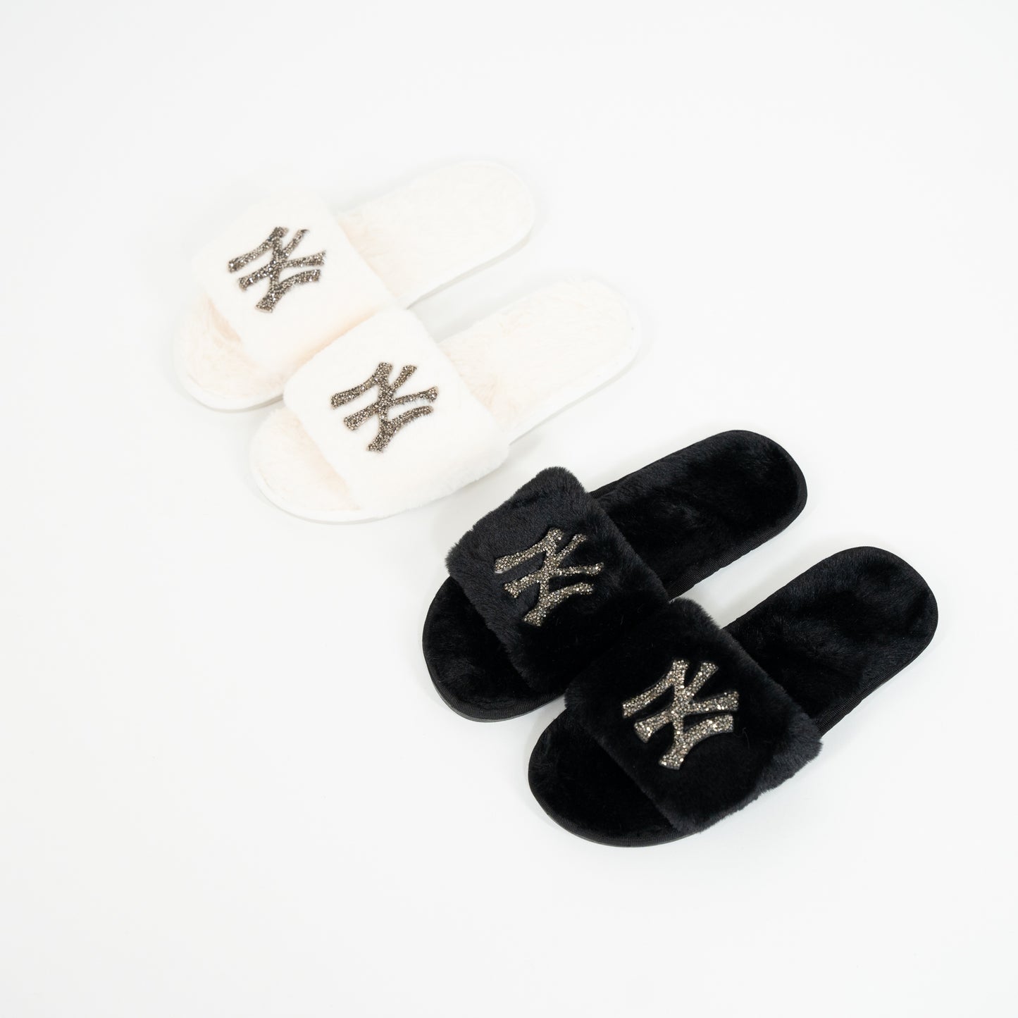 NY glitter white fuzzy slides and NY glitter black fuzzy slides 