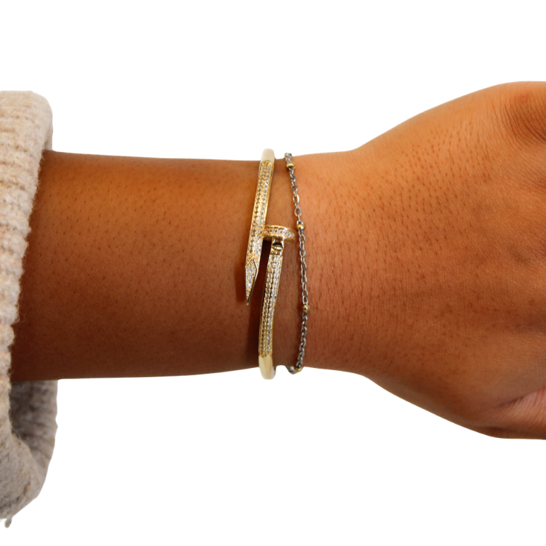 Nail Bangle Bracelet gold on model on white background