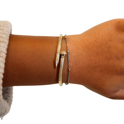 Nail Bangle Bracelet gold on model on white background