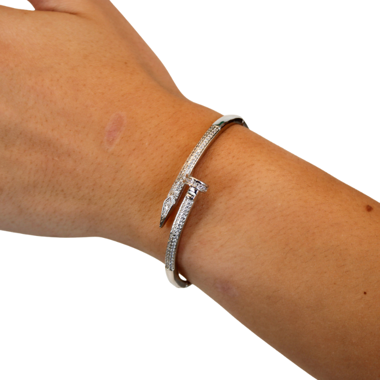Nail Bangle Bracelet silver on model on white background