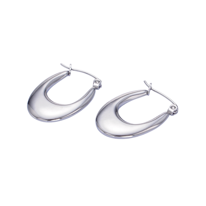 Pair of silver oblong latch hoop earrings on a white background