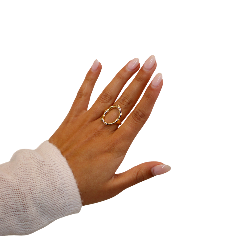 o shaped ring on hand model with white background