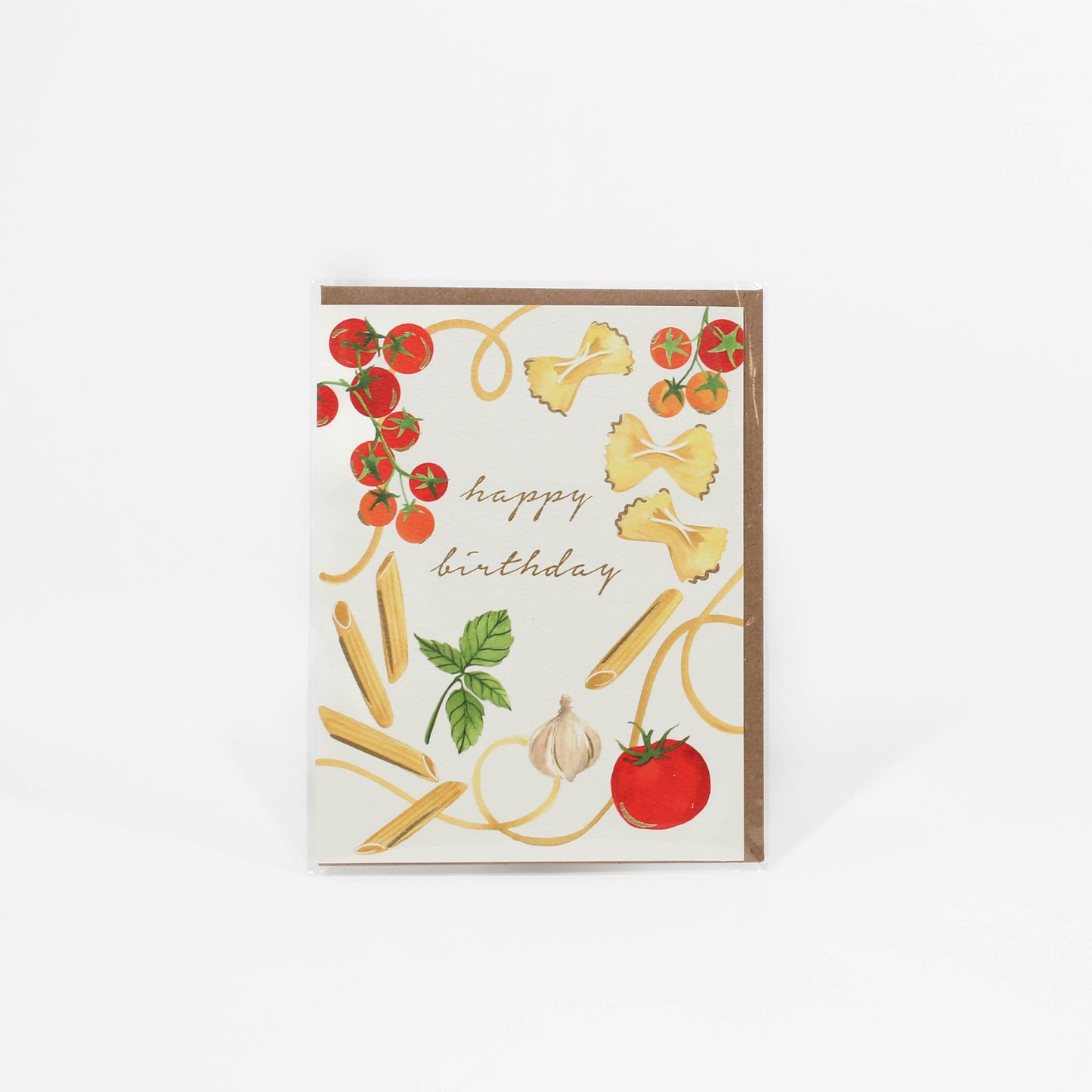 Birthday card with pasta and tomato illustrations on a white background