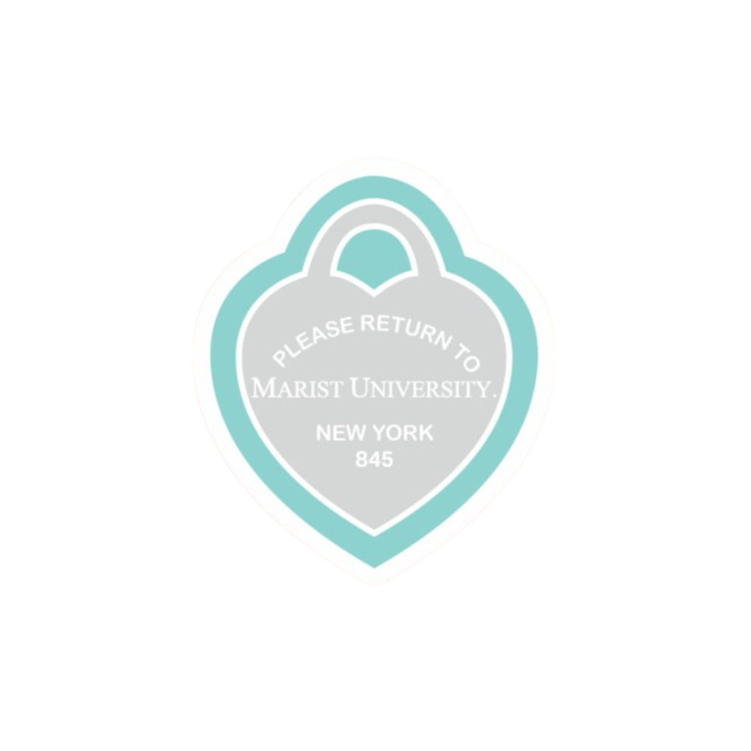 Heart-shaped locket with 'Please Return to Marist University, New York 845' text on a white background