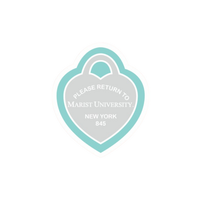 Heart-shaped locket with 'Please Return to Marist University, New York 845' text on a white background
