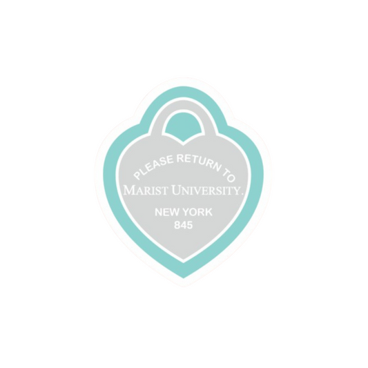 Heart-shaped locket with 'Please Return to Marist University, New York 845' text on a white background